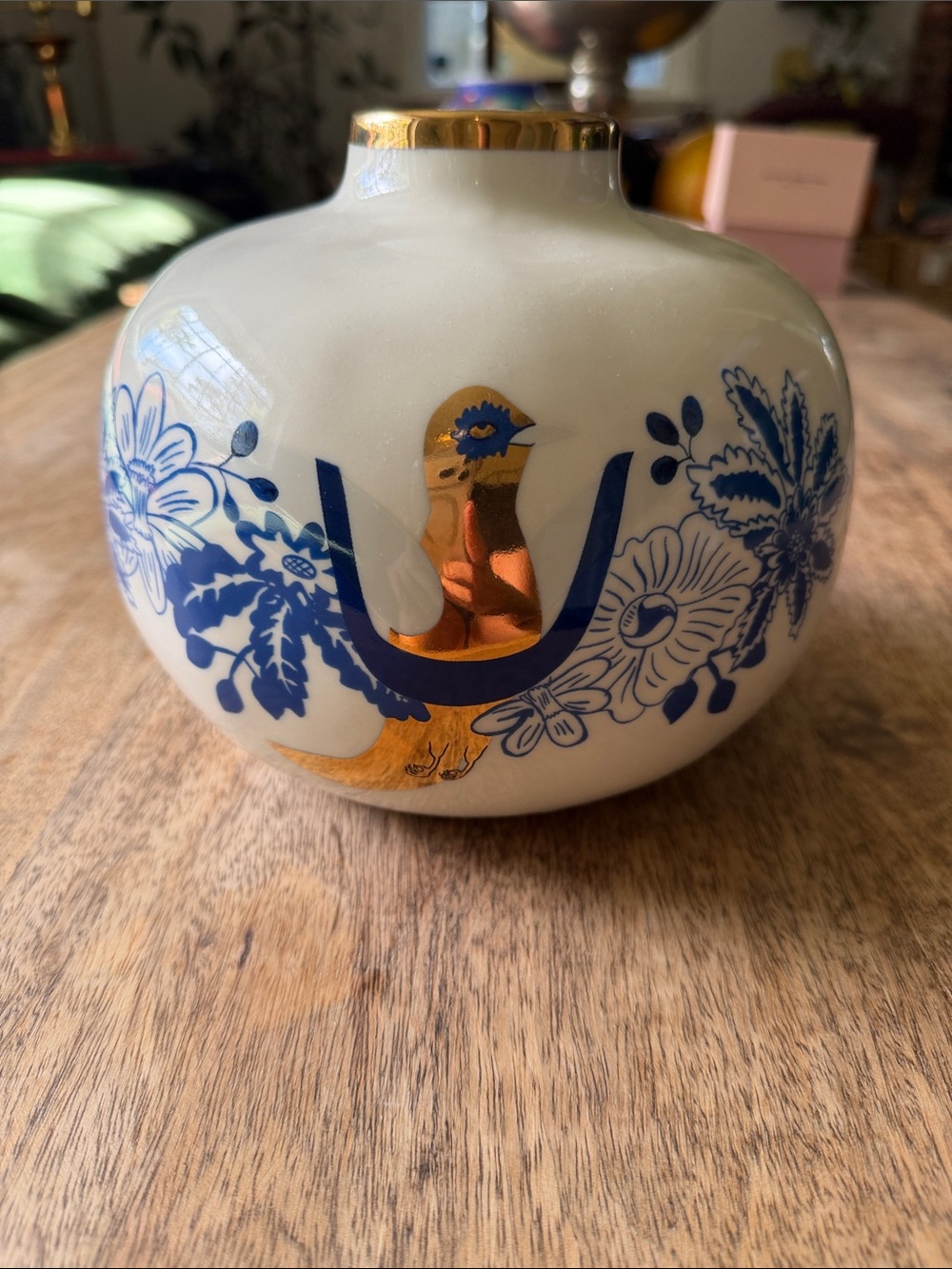 Anthropologie Blue and Gold Ceramic Vase with Floral & Bird Motif